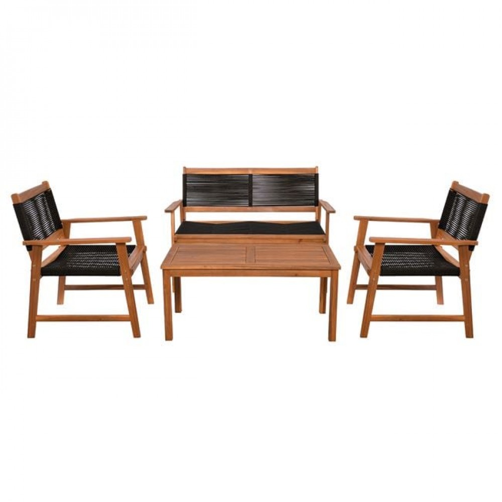 Spring Set Σαλόνι Κήπου Ακακία Φυσικό, Wicker Μαύρο: Τραπέζι + Καναπέ 2Θέσιο + 2 Πολυθρόνες