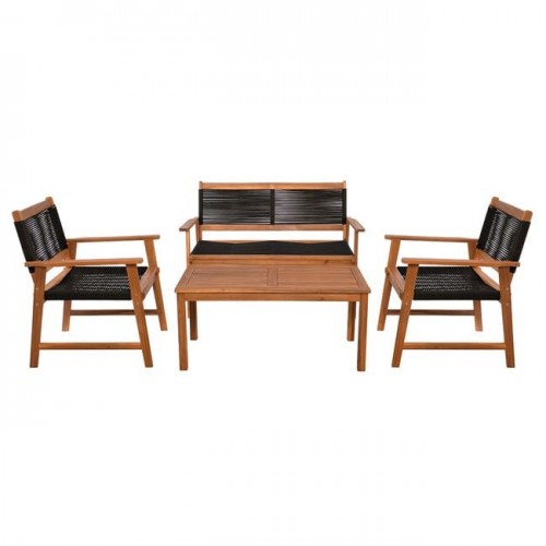 Spring Set Σαλόνι Κήπου Ακακία Φυσικό, Wicker Μαύρο: Τραπέζι + Καναπέ 2Θέσιο + 2 Πολυθρόνες