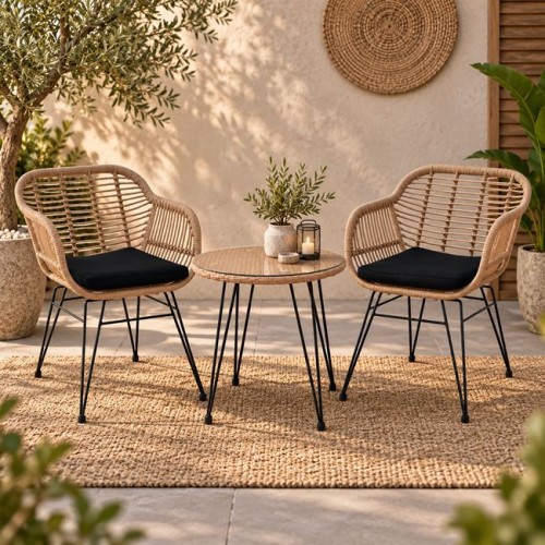 Salsa Set Κήπου: Τραπέζι + 2 Πολυθρόνες Μέταλλο Μαύρο, Wicker Φυσικό, Μαξιλάρι Μαύρο