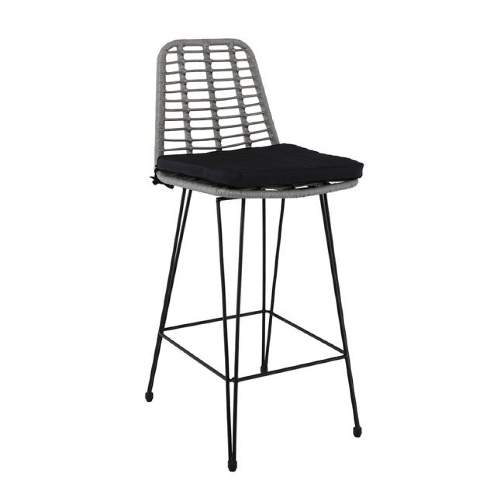 Salsa Σκαμπό Bar-Pro Με Πλάτη, Μέταλλο Βαφή Μαύρο - Wicker Γκρι, Με Μαξιλάρι Μαύρο 45x55x75/113cm