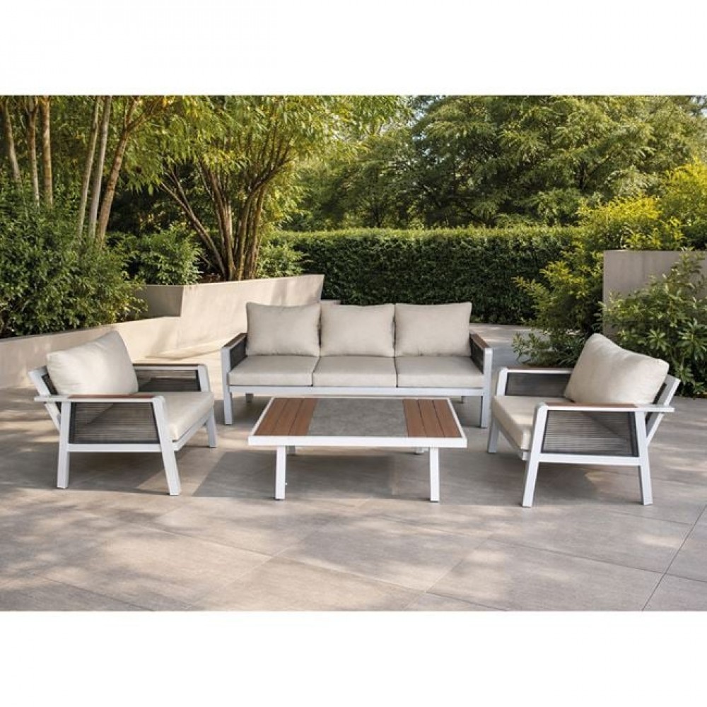 Toro Set Σαλόνι Κήπου 4Τεμ, Alu Άσπρο, Rope Wicker Ανθρακί , Polywood Φυσικό, Μαξ.εκρού