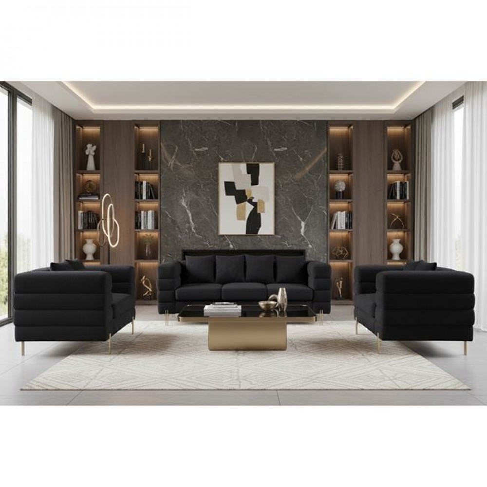 Morris Set Σαλόνι - Καθιστικό 3Θέσιος + 2Θέσιος + Πολυθρόνα Ύφασμα Teddy Μαύρο160x84x76cm