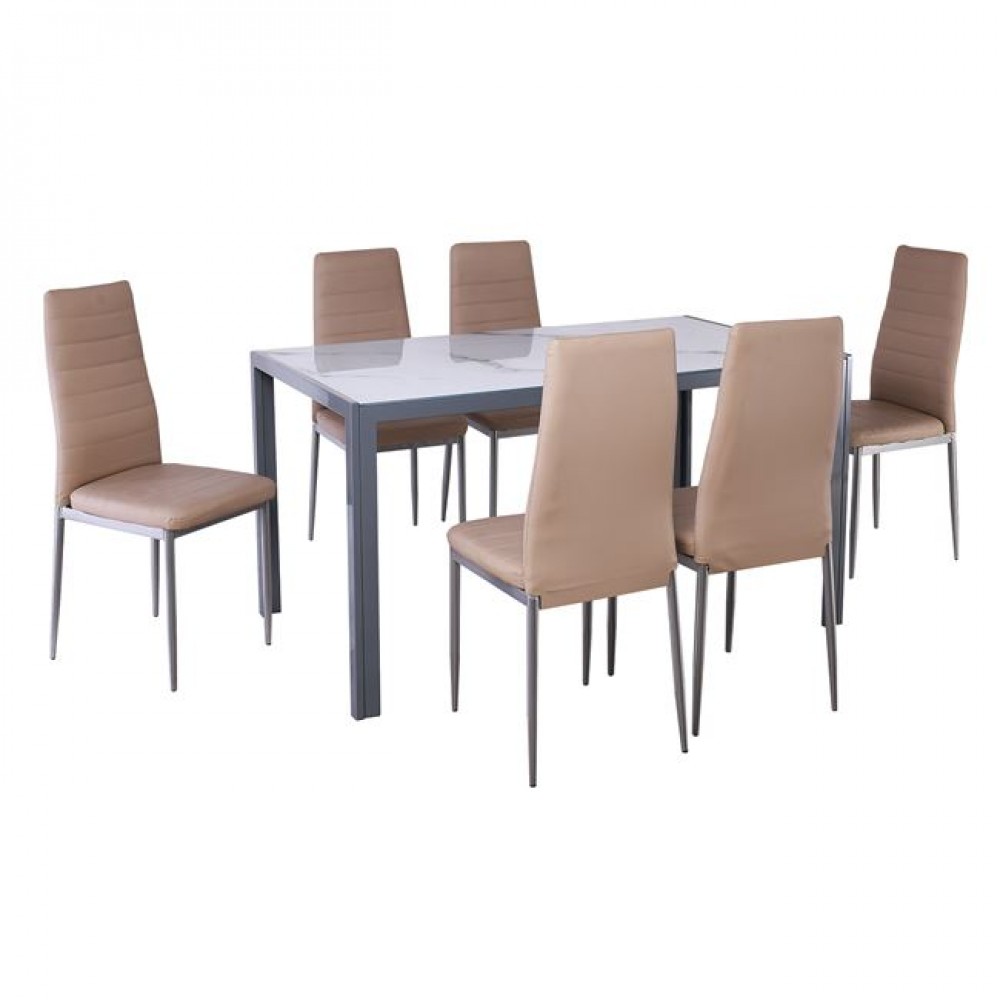 Jetta-Dego Set Τραπεζαρία: Τραπέζι + 6 Καρέκλες, Μέταλλο Γκρι - Γυαλί Marble - Pvc Μπεζ