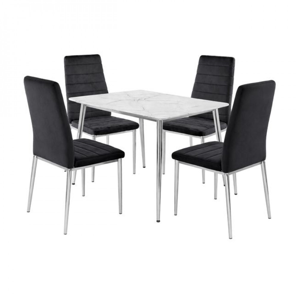 Jetta-Oslo Set Τραπεζαρία: Τραπέζι + 4 Καρέκλες, Χρώμιο - Sintered Stone - Velure Μαύρο