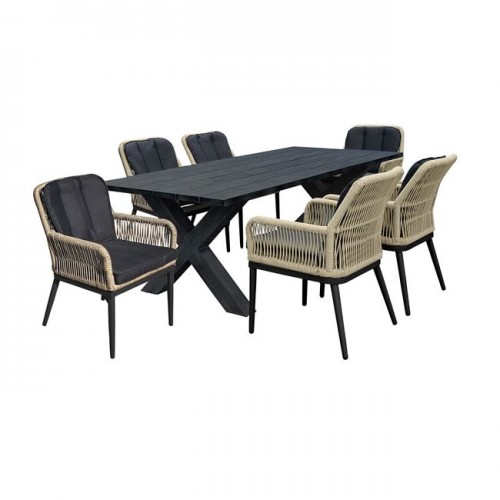 Alley Set Τραπεζαρία Alu Ανθρακί-Rope Φυσικό: Τραπέζι 180X94 + 8 Πολυθρόνες Με Μαξιλ