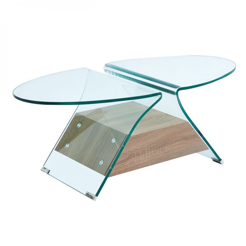 Glasser Wood Τραπεζάκι Σαλονιού Oval, Διάφανο Γυαλί 12Mm, Ράφι Απόχρωση Δρυς
