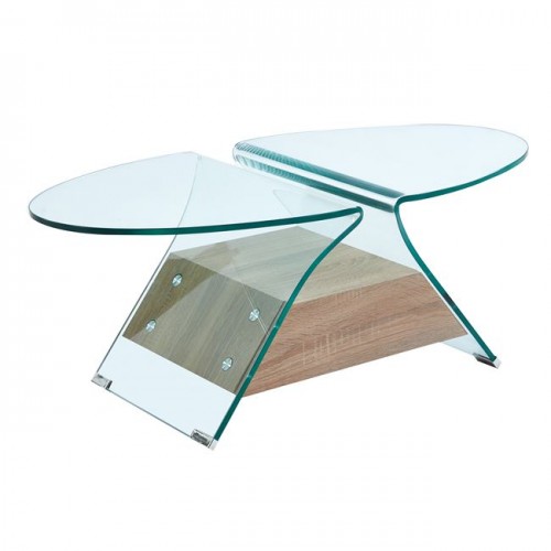 Glasser Wood Τραπεζάκι Σαλονιού Oval, Διάφανο Γυαλί 12Mm, Ράφι Απόχρωση Δρυς