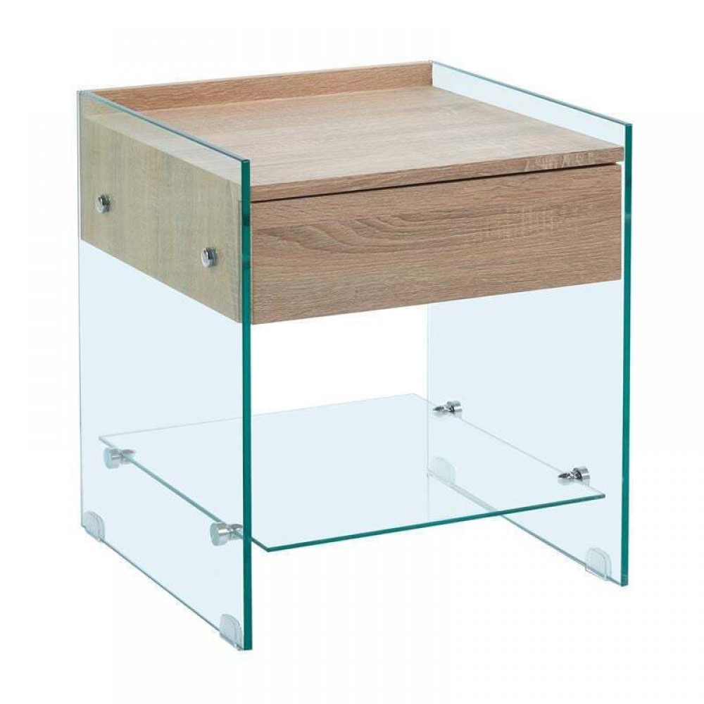 Glasser Wood Κομοδίνο Διάφανο Γυαλί 10Mm - Με Συρτάρι Απόχρωση Δρυς