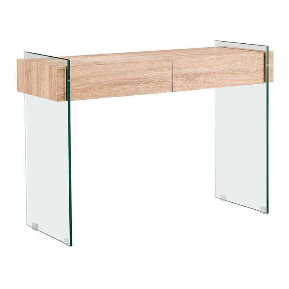 Glasser Wood Κονσόλα Διάφανο Γυαλί 12Mm - Με Συρτάρια Απόχρωση Δρυς