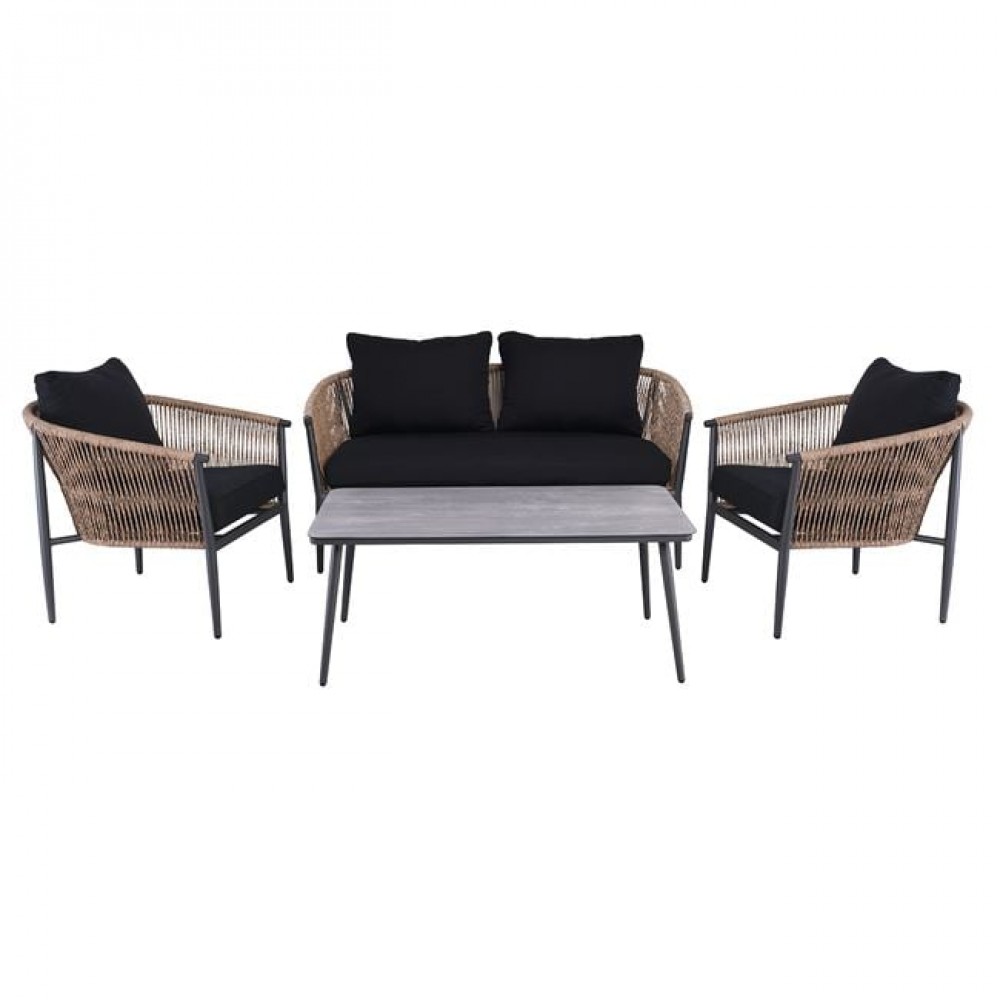 Gasba Set Σαλόνι Κήπου 4Τεμ, Alu Ανθρακί, Rope Wicker Φυσικό, Μαξιλάρια Σκούρο Γκρι