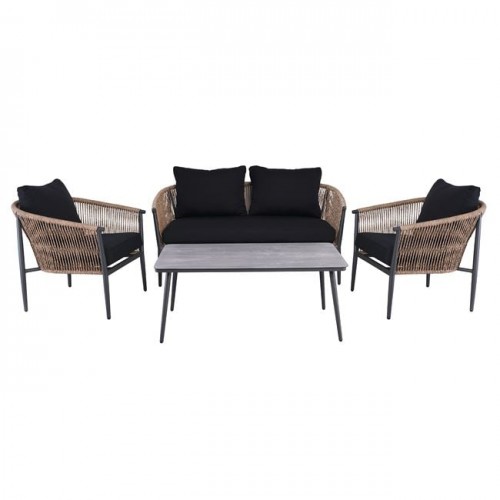Gasba Set Σαλόνι Κήπου 4Τεμ, Alu Ανθρακί, Rope Wicker Φυσικό, Μαξιλάρια Σκούρο Γκρι