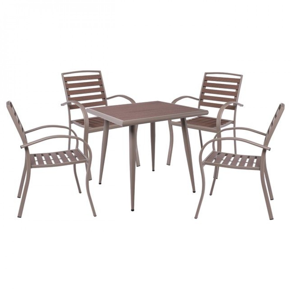 Serrano Set Κήπου: Τραπέζι + 4 Πολυθρόνες, Μέταλλο Βαφή Sand Beige, Polywood Καρυδί