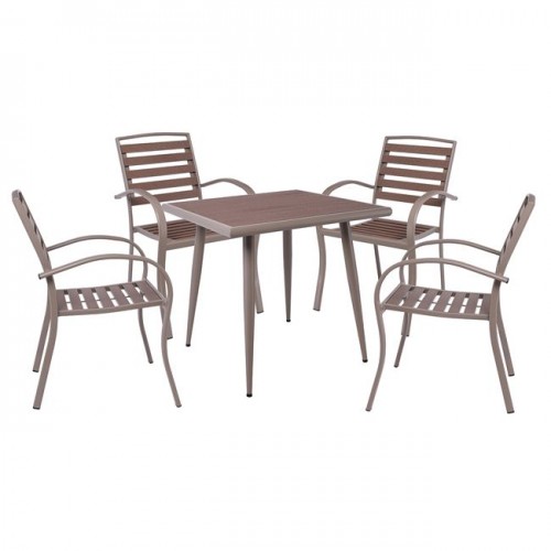 Serrano Set Κήπου: Τραπέζι + 4 Πολυθρόνες, Μέταλλο Βαφή Sand Beige, Polywood Καρυδί