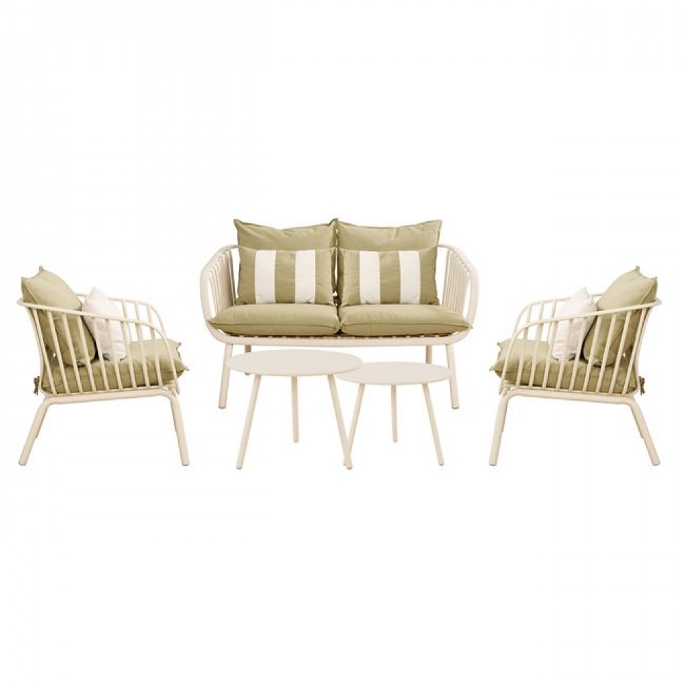 Astrid Set Σαλόνι Κήπου 5Τεμ, Pp & Μέταλλο Cream, Μαξιλάρια Sandy Green