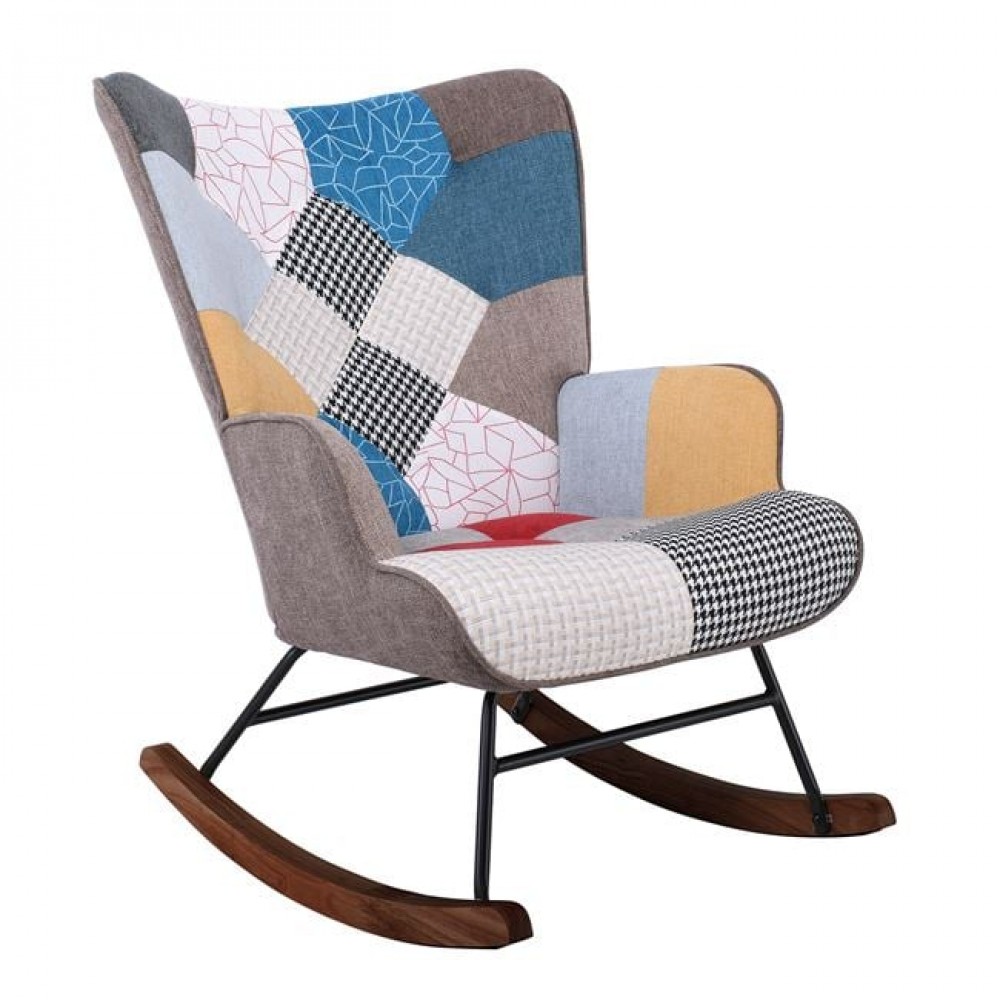 Alma Rocking Πολυθρόνα Μπερζέρα Καθιστικού, Ύφασμα Patchwork, Βάση Μαύρο-Καρυδί