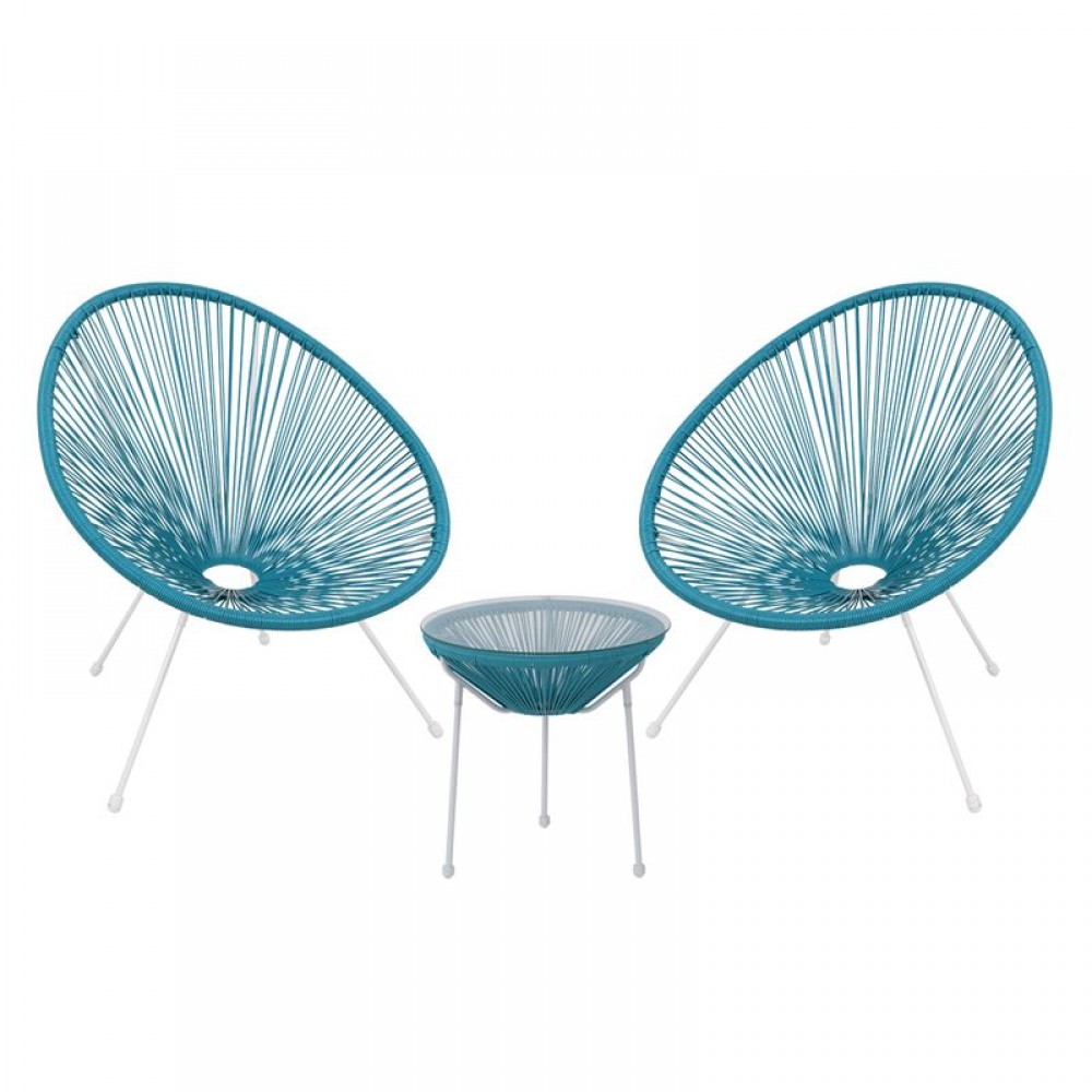 Acapulco Set (Τραπ+2 Πολ) Μετ.άσπρο, Plastic Rattan Μπλε