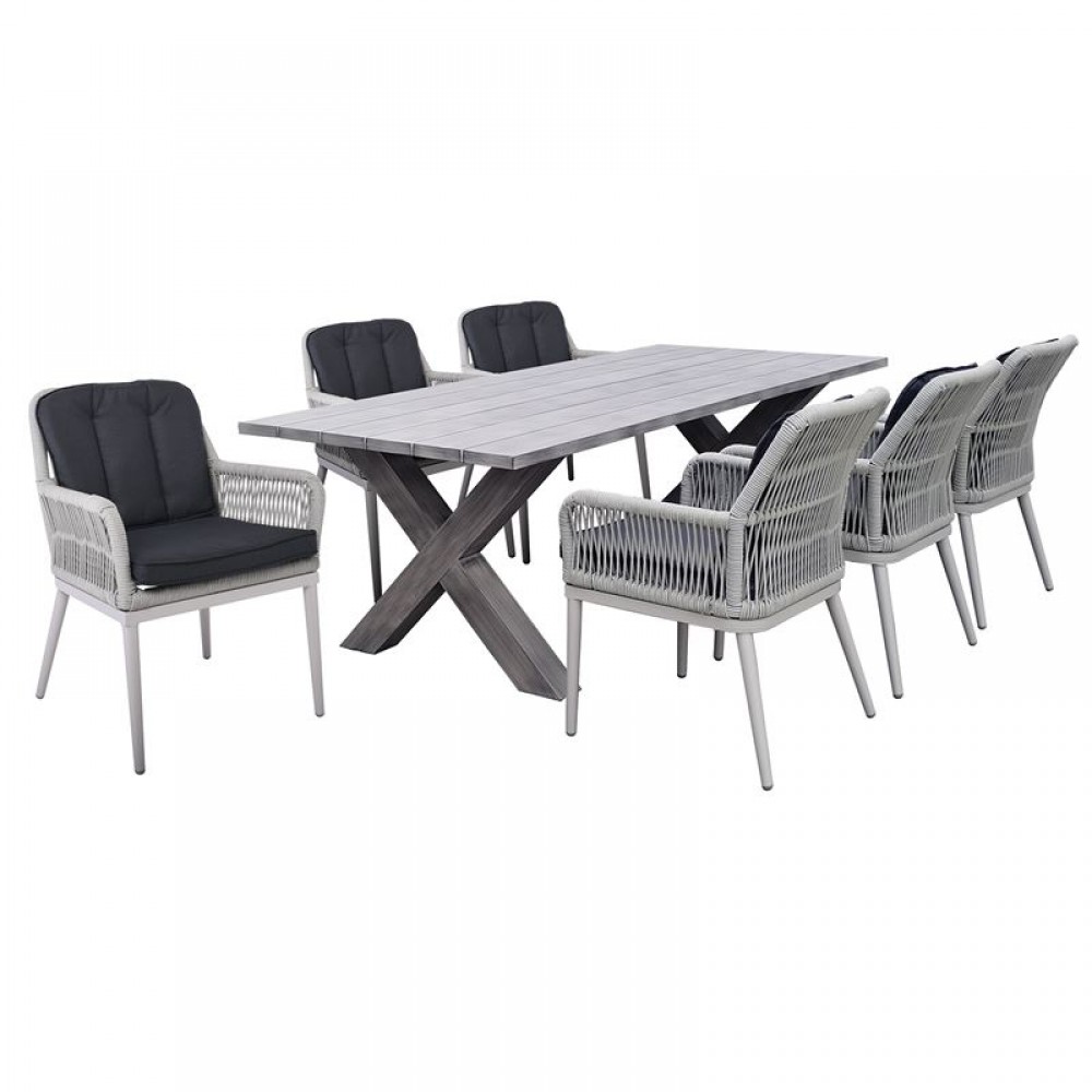 Alley Set Τραπεζαρία Κήπου Alu & Rope Grey-Μαξιλ.ανθρακί: Τραπέζι 180X94 + 6 Πολυθρόνες