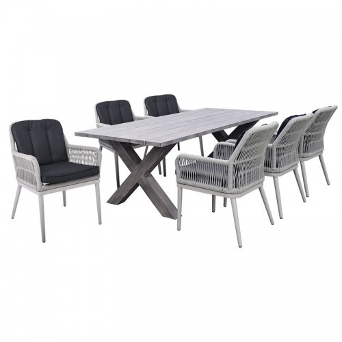 Alley Set Τραπεζαρία Κήπου Alu & Rope Grey-Μαξιλ.ανθρακί: Τραπέζι 180X94 + 6 Πολυθρόνες
