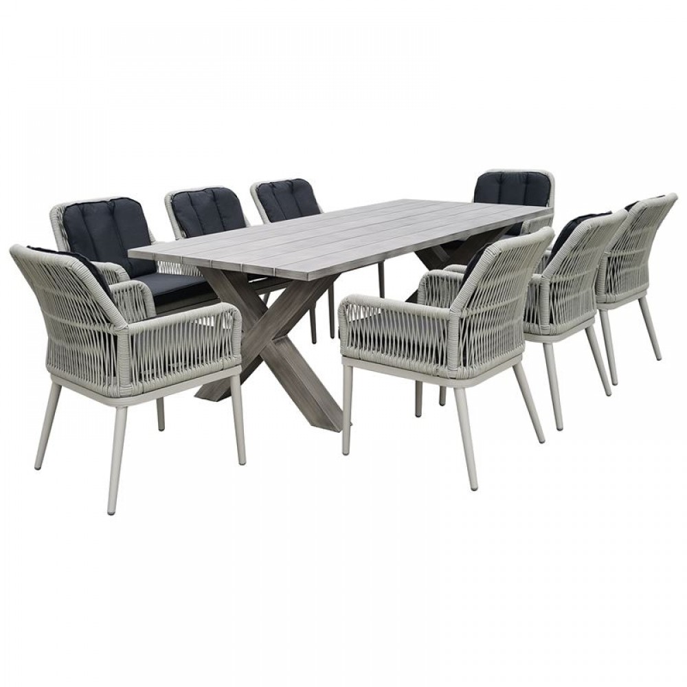 Alley Set Τραπεζαρία Κήπου Alu & Rope Grey-Μαξιλ.ανθρακί: Τραπέζι 220X94 + 8 Πολυθρόνες