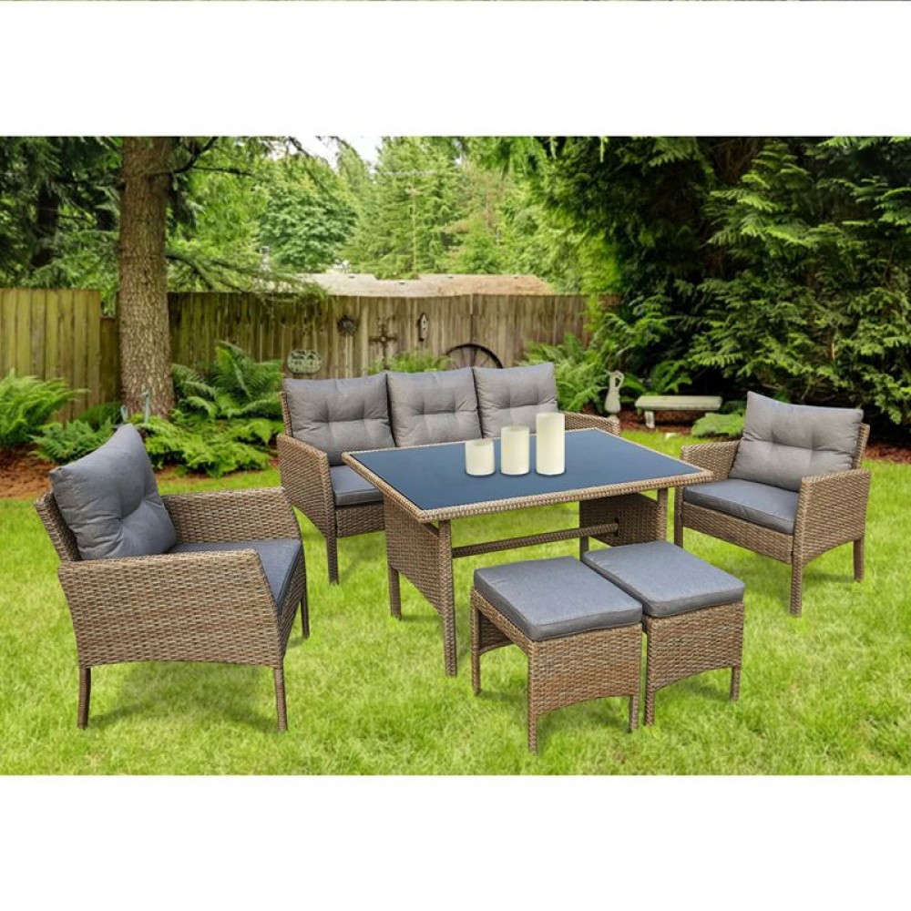 California Set Steel K/d (Τρ+Καν+2 Πολ+2 Σκ) Twin Wicker Φυσικό/μαξ.γκρι