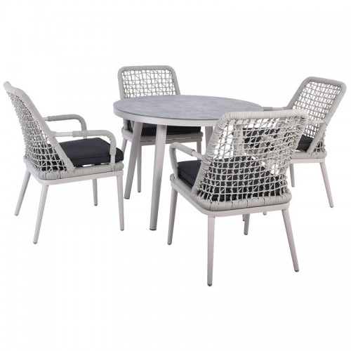 Central Set Τραπεζαρία Κήπου Alu & Rope Grey-Μαξιλ.ανθρακί: Τραπέζι Φ100Cm + 4 Πολυθρόνες
