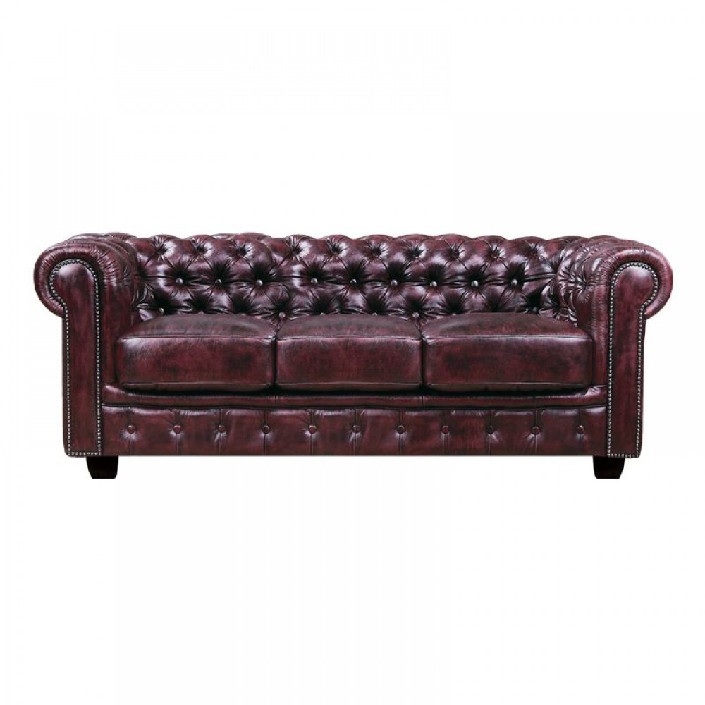 Καναπές Chesterfield τριθέσιος με επένδυση απο δέρμα σε antique red χρώμα E9574.34