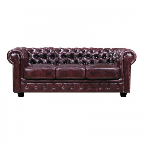 Καναπές Chesterfield τριθέσιος με επένδυση απο δέρμα σε antique red χρώμα E9574.34