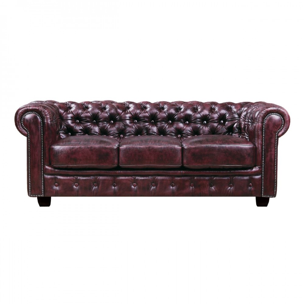 Καναπές Chesterfield τριθέσιος με επένδυση απο δέρμα σε antique red χρώμα E9574.34