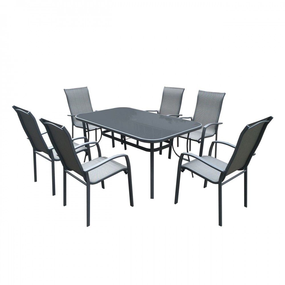 Verona Set(Τραπέζι 160X96+6 Πολυθρόνες) Μετ.ανθρακί/silk Screen/textil.γκρι