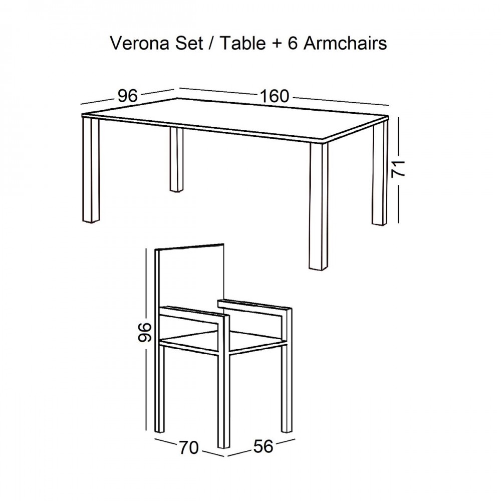 Verona Set(Τραπέζι 160X96+6 Πολυθρόνες) Μετ.ανθρακί/silk Screen/textil.γκρι