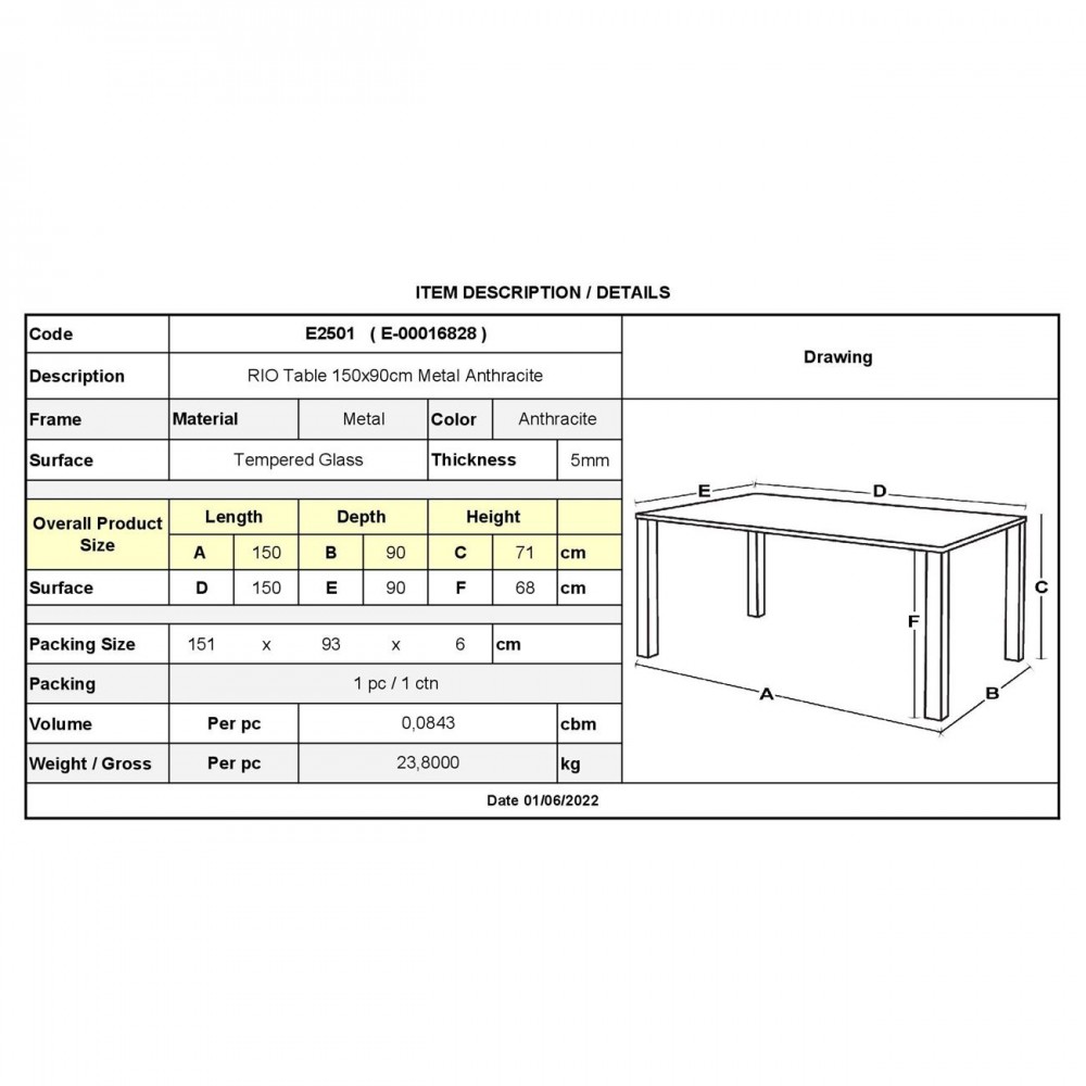 Rio Τραπέζι 150X90Cm Μεταλλικό Ανθρακί/γυαλί Pear Clear