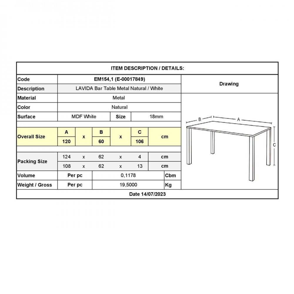 Lavida Τραπέζι Bar 120X60 Άσπρο, Μεταλ.φυσικό