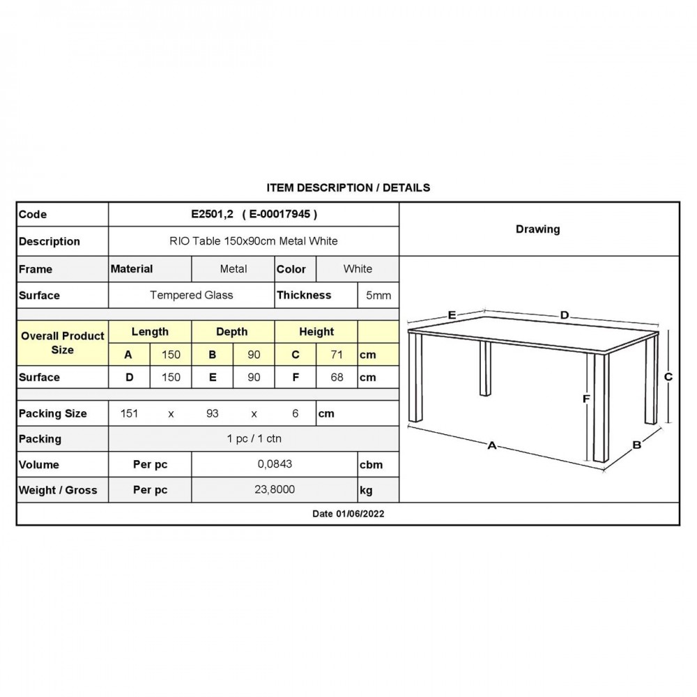 Rio Τραπέζι 150X90Cm Μεταλλικό Άσπρο/γυαλί Pear Clear