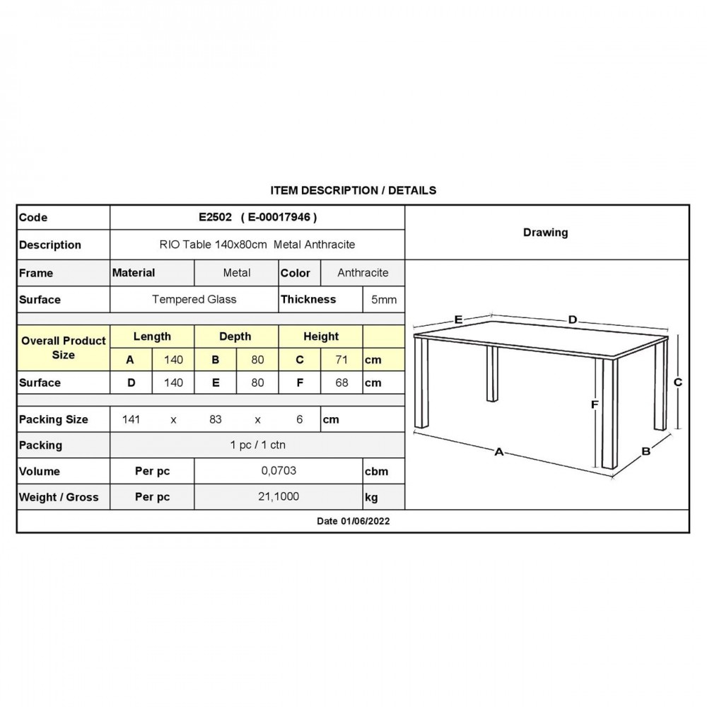 Rio Τραπέζι 140X80Cm Μεταλλικό Ανθρακί/γυαλί Pear Clear