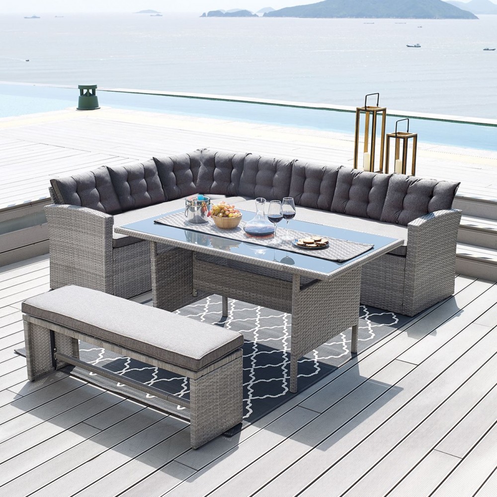 Σετ κήπου ELIZABETH με επένδυση από wicker σε χρώμα γκρι και μαξιλάρια σε σκούρο γκρι