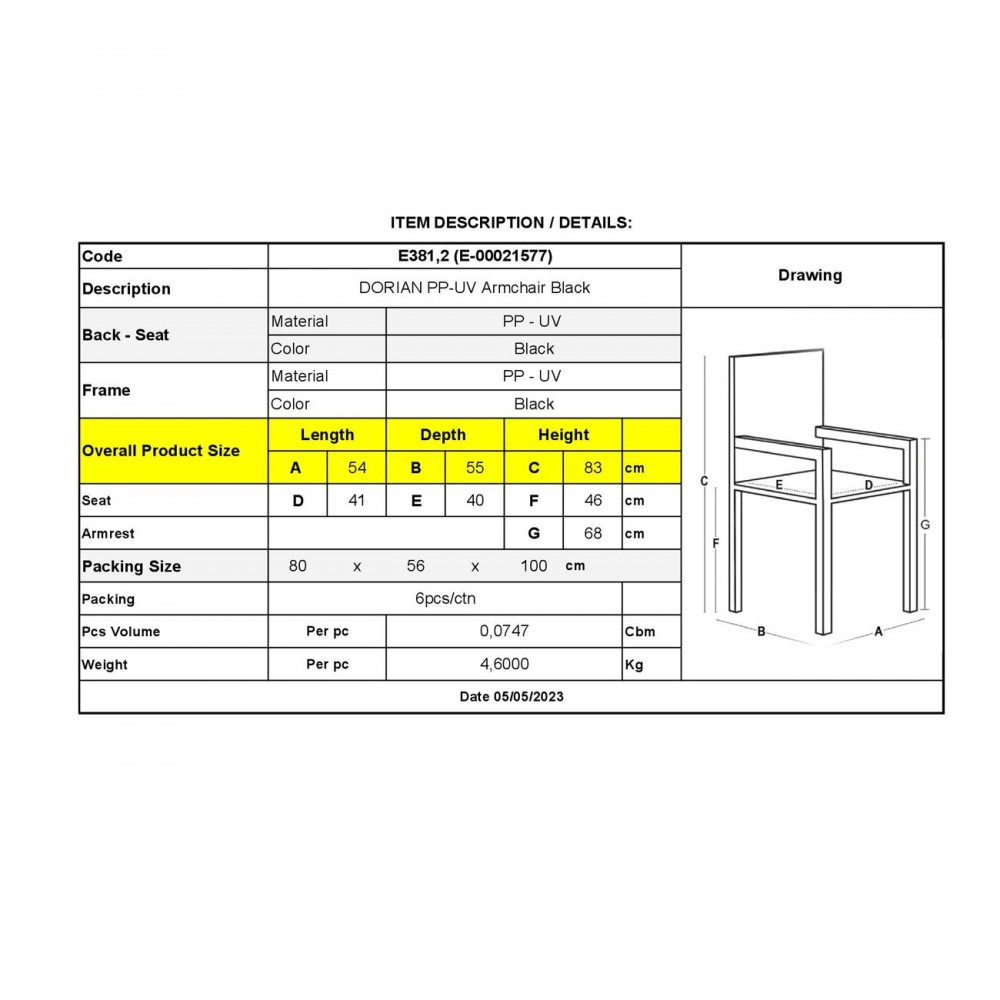 ΠΟΛΥΘΡΟΝΑ ΠΟΛΥΠΡΟΠΥΛΕΝΙΟΥ DORIAN (54X55X83) PP-UV ΜΑΥΡΗ (Σετ 6τμχ)