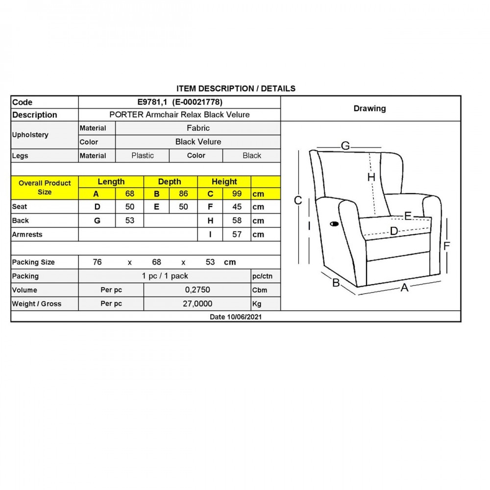 Porter Πολυθρόνα Relax Μαύρο Velure