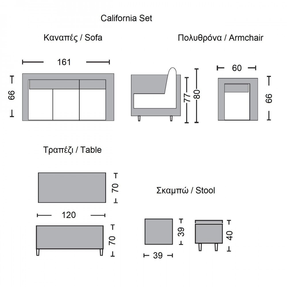 California Set Steel K/d (Τρ+Καν+2 Πολ+2 Σκ) Twin Wicker Γκρι/μαξ.γκρι