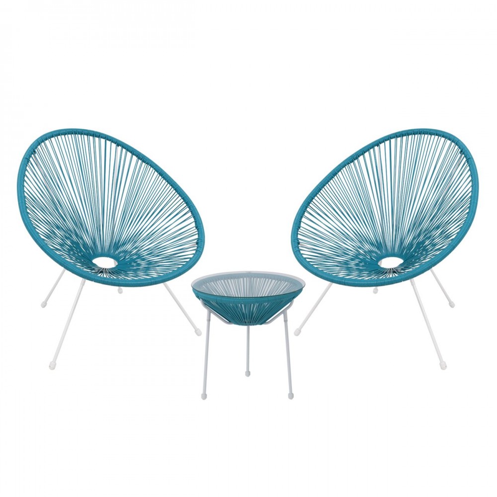 Acapulco Set (Τραπ+2 Πολ) Μετ.άσπρο, Plastic Rattan Μπλε