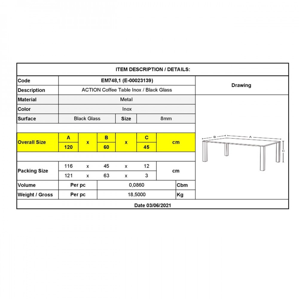 Action Tραπεζάκι Σαλονιού - Καθιστικού 120X60Cm Inox / Μαυρό Γυαλί 8Mm