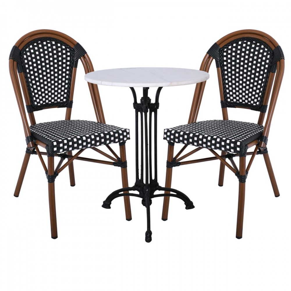 Paris Καρέκλα Bistro, Αλουμίνιο Καρυδί, Wicker Άσπρο - Μαύρο, Στοιβαζόμενη