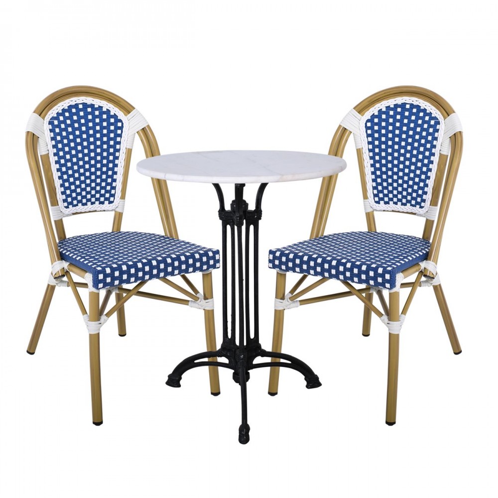 Paris Καρέκλα Bistro, Αλουμίνιο Φυσικό, Wicker Άσπρο - Μπλε, Στοιβαζόμενη