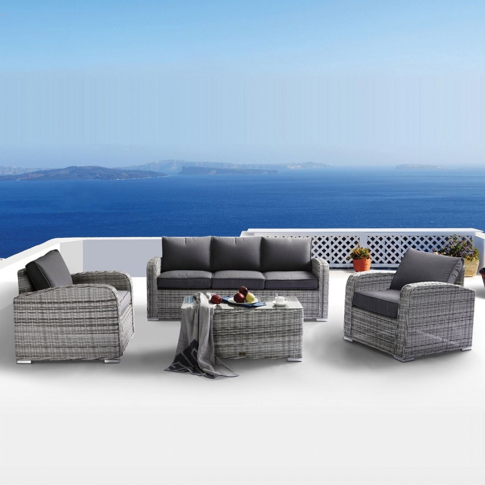 Belmar Living Set Σαλόνι Κήπου Alu:3Θέσ+2 Πολυθρόνες+Τραπέζι Wicker Grey White,  Μαξιλ.γκρι