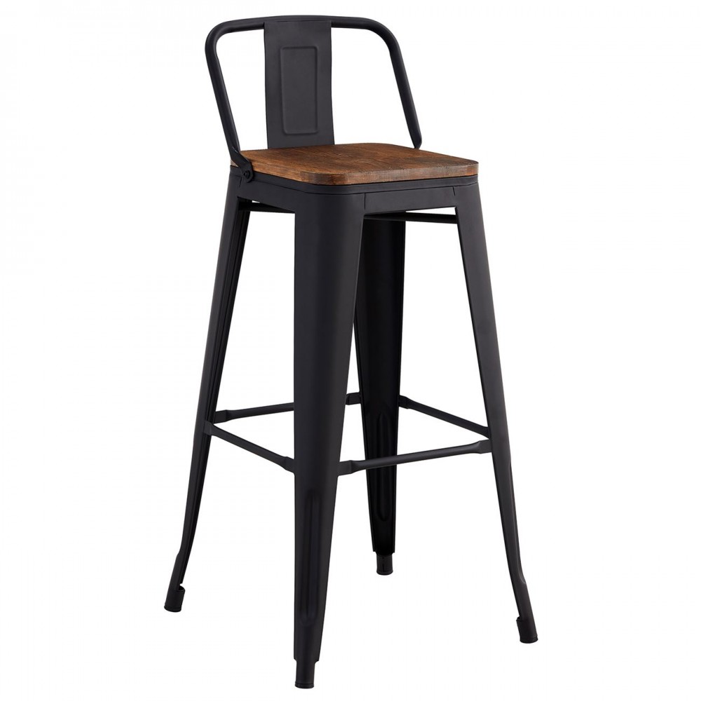 Relix Wood Σκαμπό Bar Με Πλάτη, Μέταλλο Βαφή Μαύρο Μatte, Ξύλο Απόχρωση Dark Oak