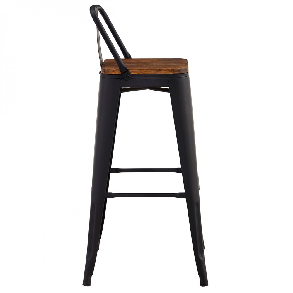 Relix Wood Σκαμπό Bar Με Πλάτη, Μέταλλο Βαφή Μαύρο Μatte, Ξύλο Απόχρωση Dark Oak