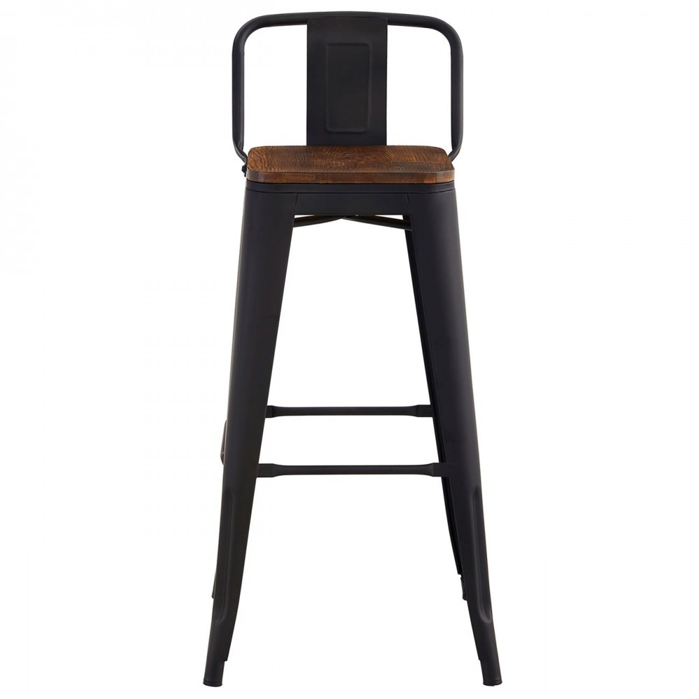 Relix Wood Σκαμπό Bar Με Πλάτη, Μέταλλο Βαφή Μαύρο Μatte, Ξύλο Απόχρωση Dark Oak