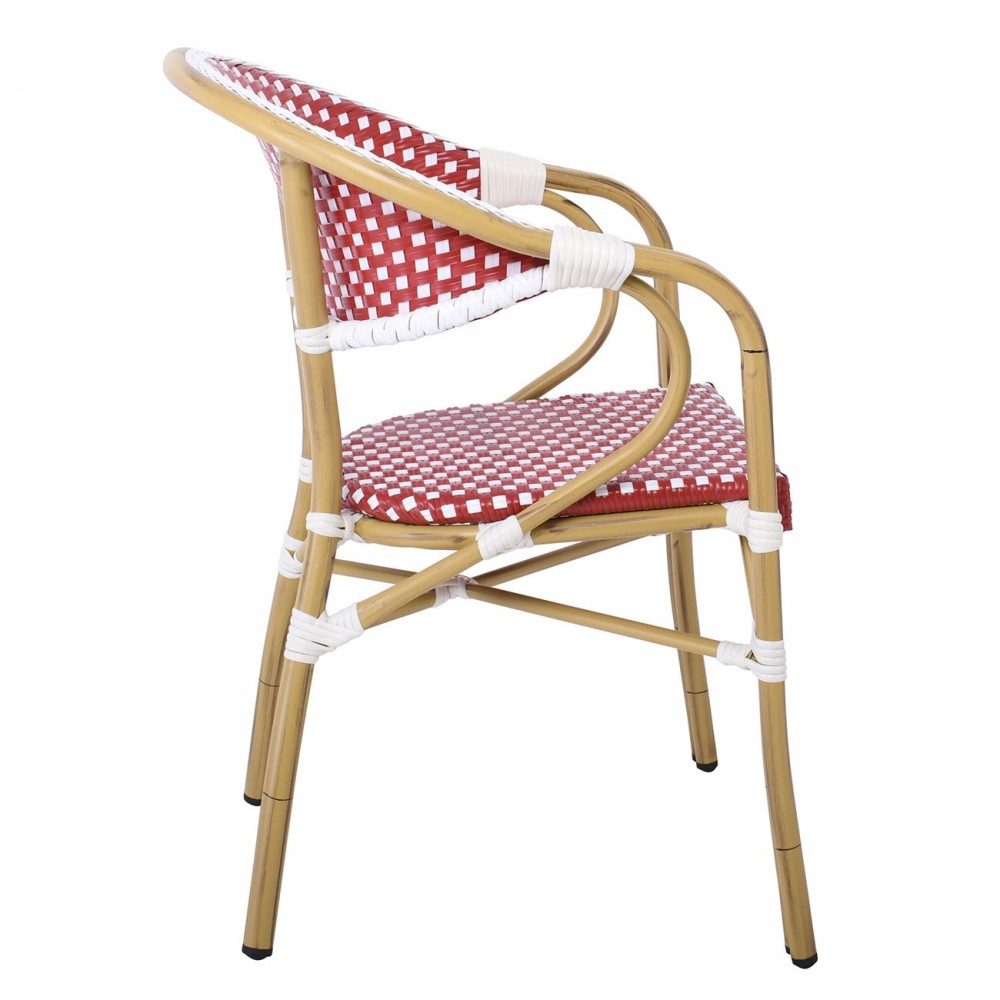 Vegera Πολυθρόνα Dining Αλουμίνιο Φυσικό, Wicker Άσπρο - Κόκκινο, Στοιβαζόμενη