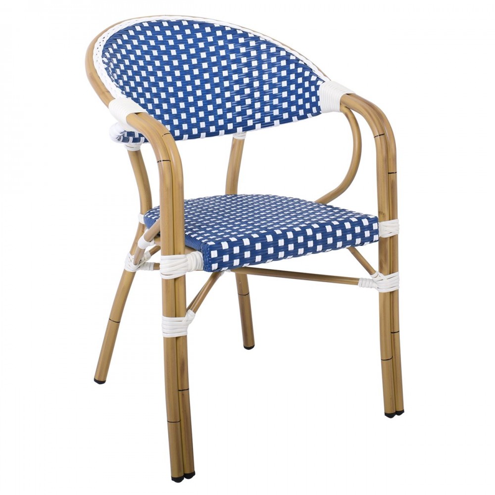 Vegera Πολυθρόνα Dining Αλουμίνιο Φυσικό, Wicker Άσπρο - Μπλε, Στοιβαζόμενη