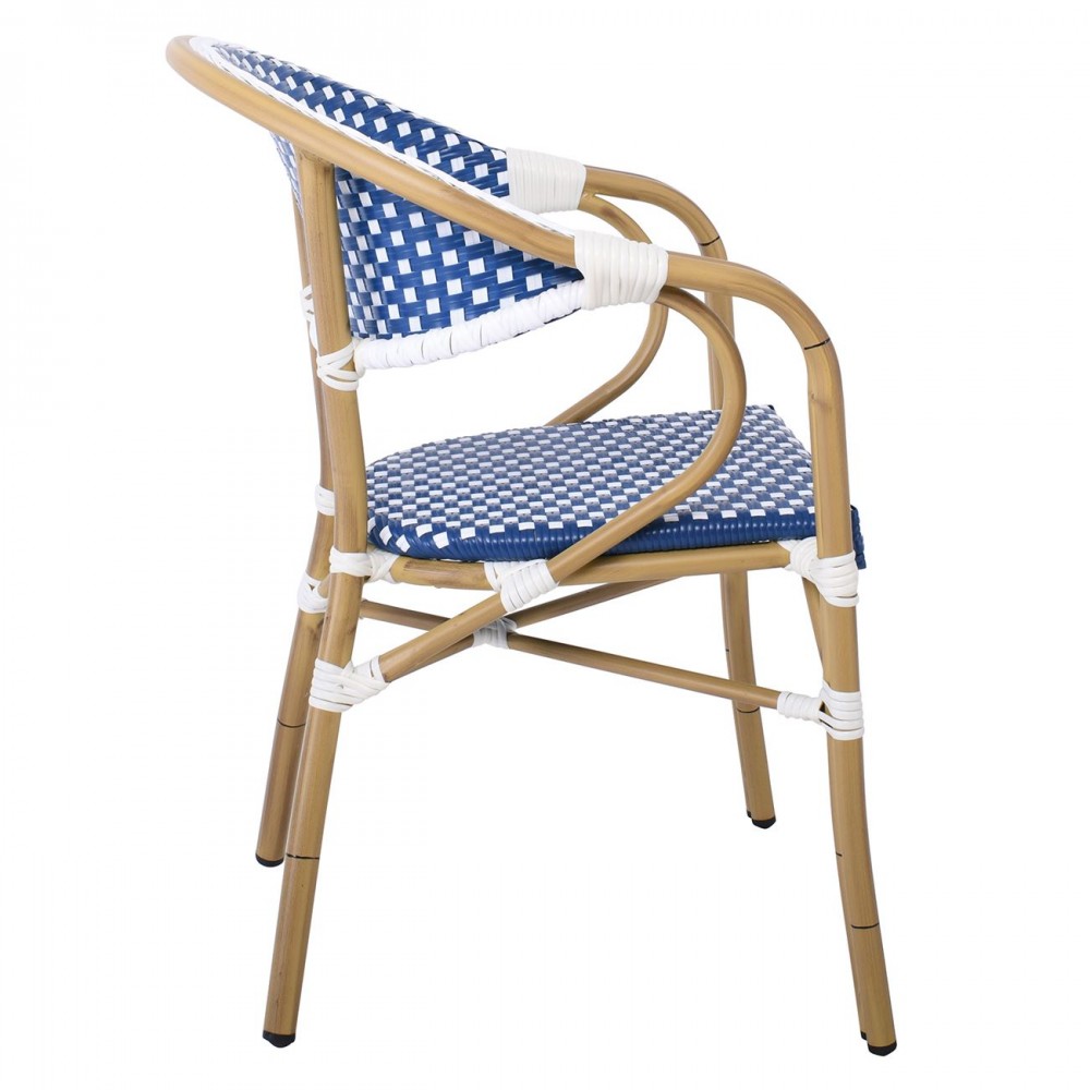 Vegera Πολυθρόνα Dining Αλουμίνιο Φυσικό, Wicker Άσπρο - Μπλε, Στοιβαζόμενη