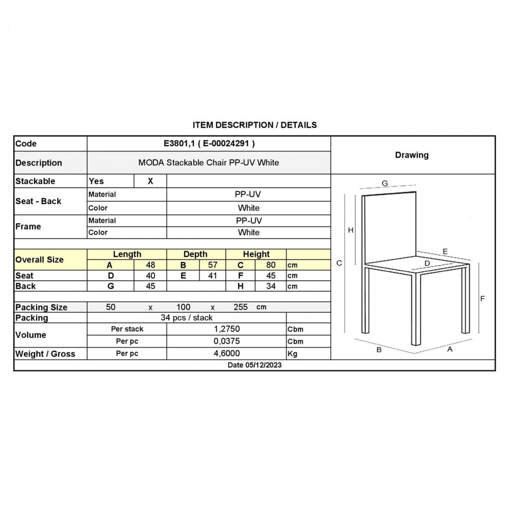 Moda Καρέκλα Στοιβαζόμενη Pp - Uv Άσπρο  48x57x80cm 